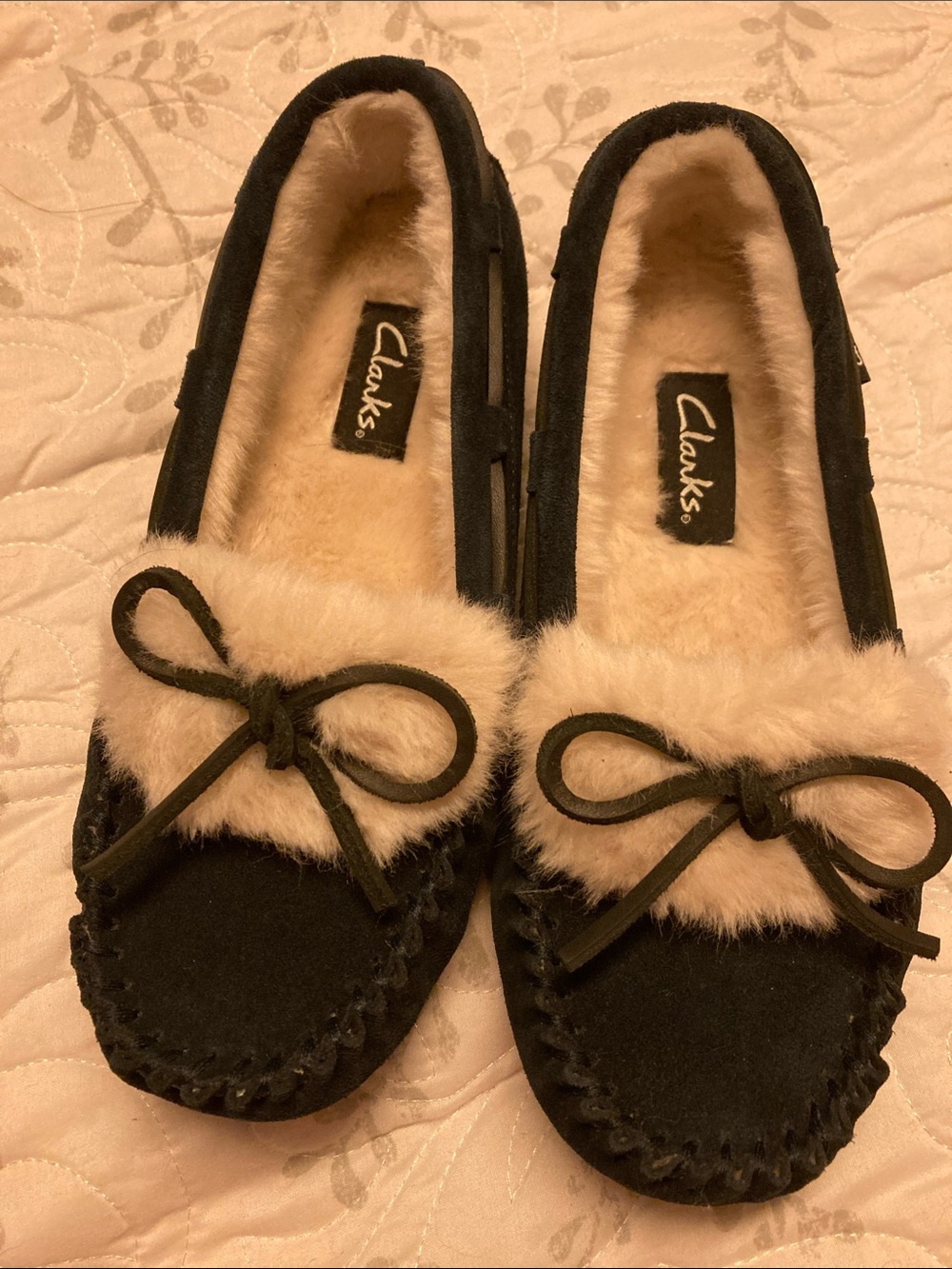 Clarks Navy Moccasin Slippers with Cream Faux-Fur Trim